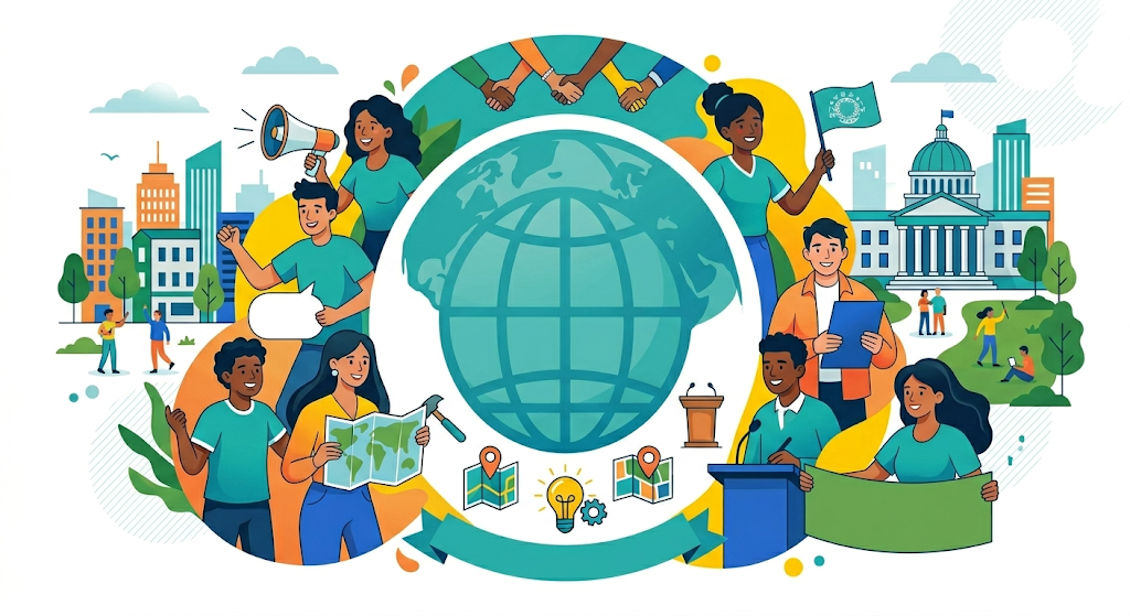 Illustration of diverse people around a globe with civic engagement, city skyline, and civic buildings