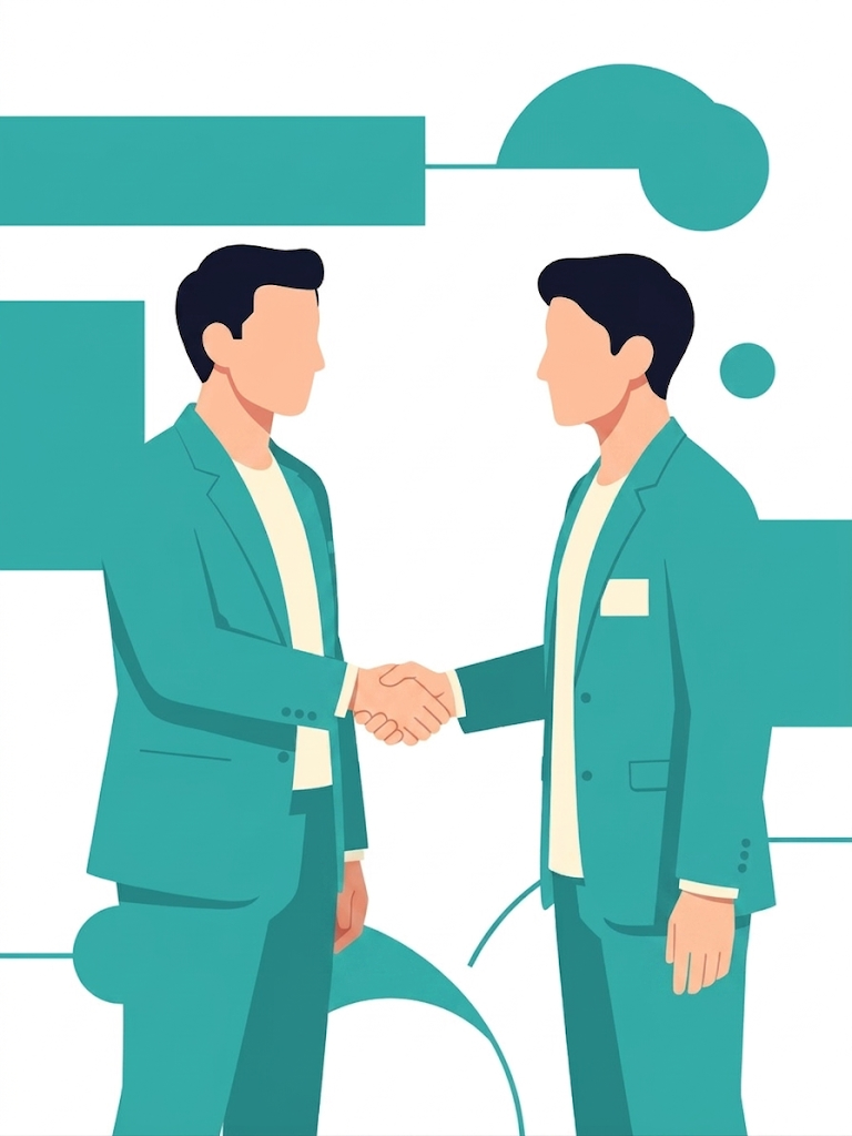 Illustration of two professionals shaking hands, partnership and agreement