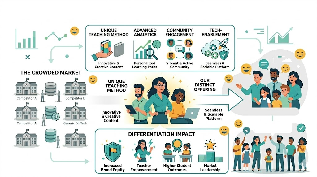 Infographic comparing crowded market competitors with distinct offering, pillars, and differentiation impact